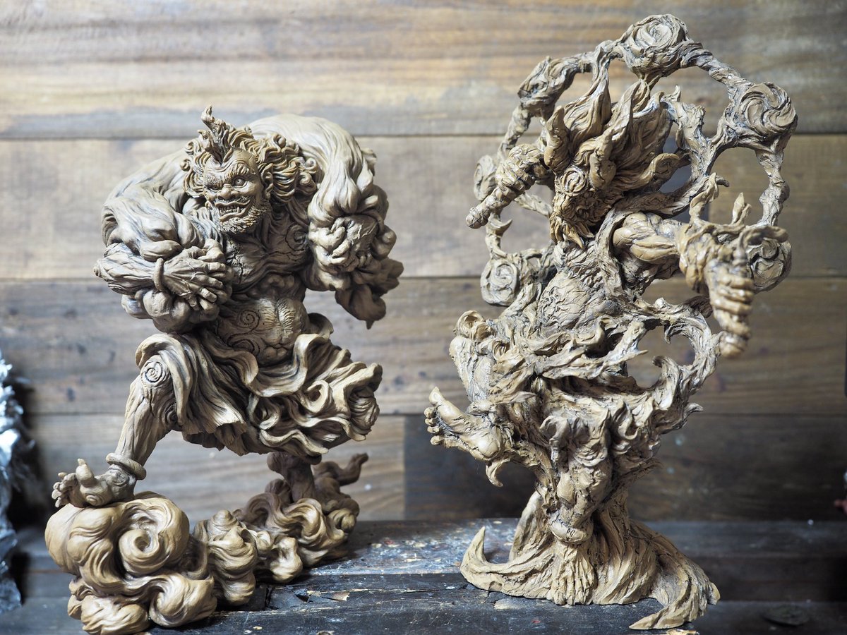 造形戯画』 『双極乱舞・風神X雷神』 ◎花櫚 (茶色をベースとした木彫