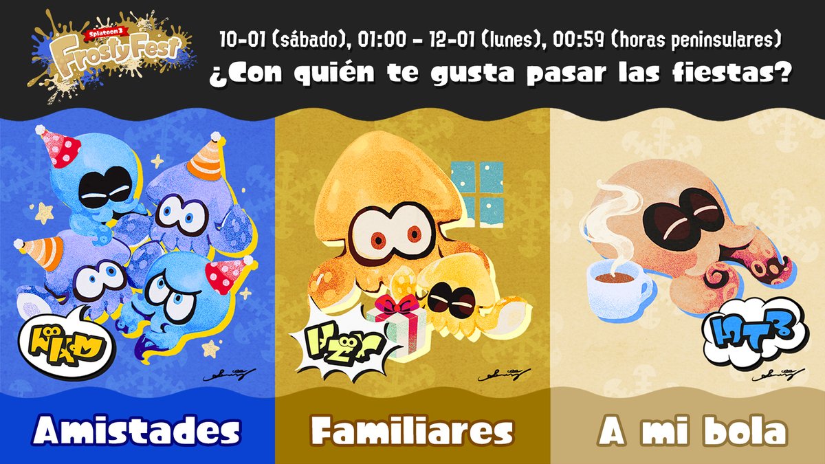 NintendoES's tweet image. ❄️ Según el parte meteorológico para Tintelia, ¡el FrostyFest dejará caer un chaparrón de tinta! 

No importa con quién te guste pasar las fiestas: ¡prepara las armas y dirime de una vez por todas la eterna pregunta en este festival de #Splatoon3 que arranca el 10-01!