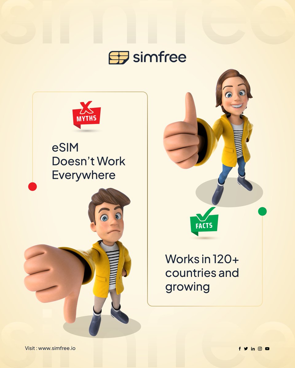 SimfreeOfficial's tweet image. Before you headed for your next trip, let’s clear up some confusion around eSIMs.
Simfree makes global travel simple, seamless, and stress-free - no myths, no hassles.
Visit our website and get the real facts today.
#myth #eSIM #simfree #esimfact #connectivity #ConnectionMatters