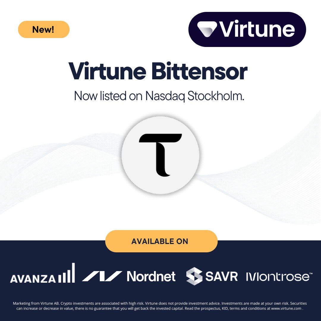 VirtuneAB's tweet image. Virtune launches the Virtune Bittensor ETP🛎️

We are happy to announce the launch of the Virtune Bittensor ETP that is now listed on Nasdaq Stockholm.

Virtune Bittensor ETP is a 100% physically backed exchange-traded product that provides exposure to Bittensor (TAO) and is now…