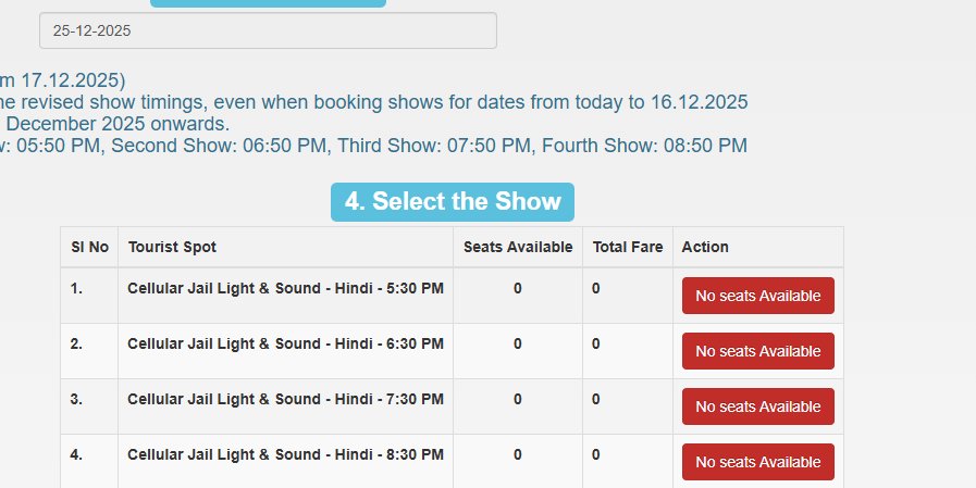 djdiglipur's tweet photo. 🌈 When 7-day advance booking opens for #CellularJail Light &amp; Sound show, @AndamanTourism eTourist site freezes for hours like railway tatkal and then shows sold out. Is this only poor infrastructure or something more? Needs urgent audit &amp; transparency. 
https://t.co/3Uzp6G12wQ https://t.co/BnPVVDakRA