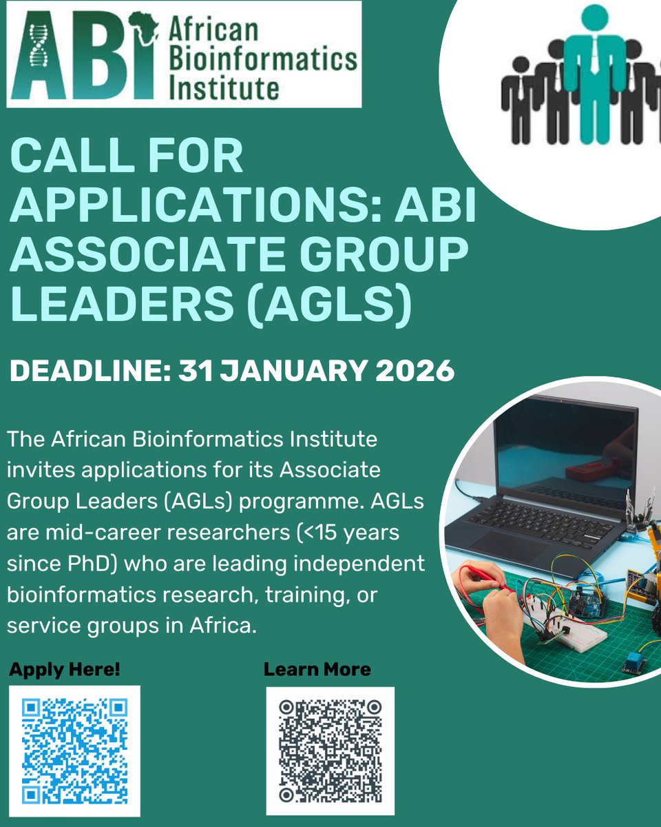 Call for Applications: ABI Associate Group Leaders 🚨 

ABI seeks applications for its Associate Group Leader programme, aimed at recognising &amp;
supporting African mid-career researchers

Due: 31 Jan 2026
ℹ️More info:
lnkd.in/eAb6WaC6

🌐 Apply here:
lnkd.in/e3pAcpF7