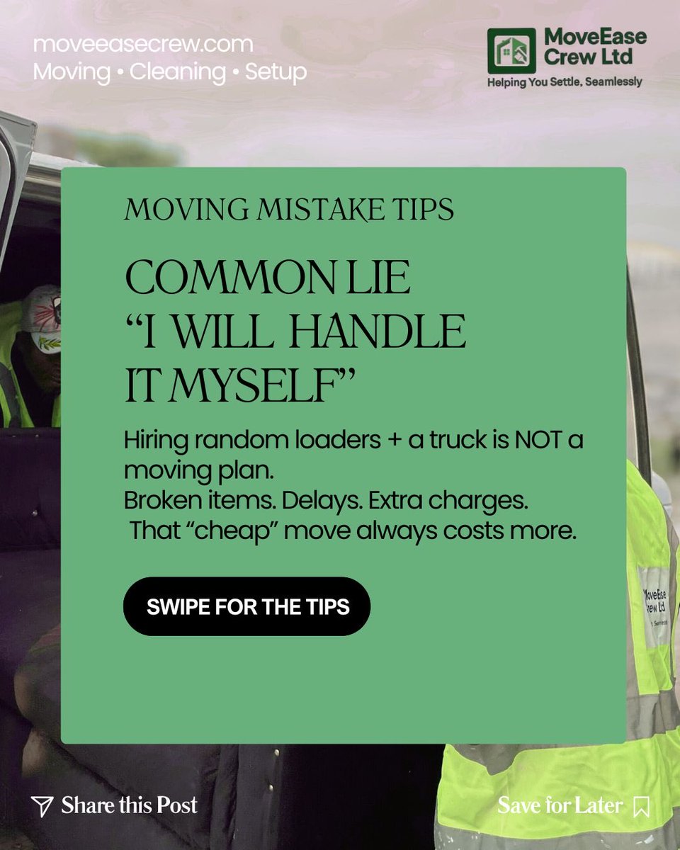moveeasecrew's tweet photo. Most people rush into moving and regret it within 24 hours.

Broken items. Extra charges. Pure stress.

Before you carry a single box, read this.
Swipe and avoid the mistakes that cost people money every day.

📦 Move smart. Move with MoveEase Crew.
🌐 https://t.co/Tj63TVIvLm https://t.co/0Opkml7Q1d