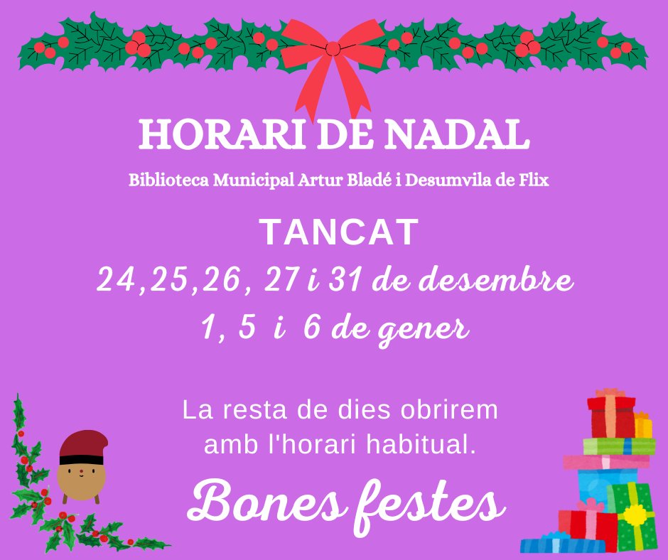 Aquest serà l'horari de Nadal de la <a href="/BibliotecaFlix/">Biblioteca de Flix</a>