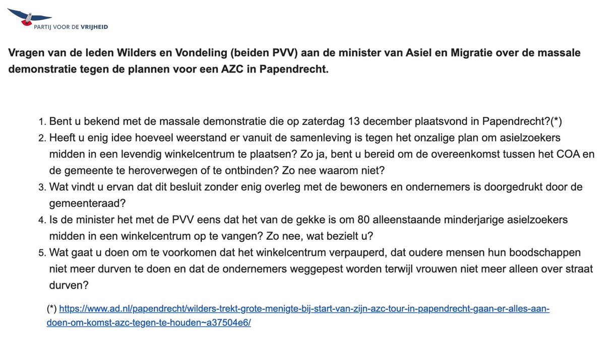 geertwilderspvv's tweet image. Geen opvang asielzoekers in winkelcentrum Papendrecht!

Kamervragen.