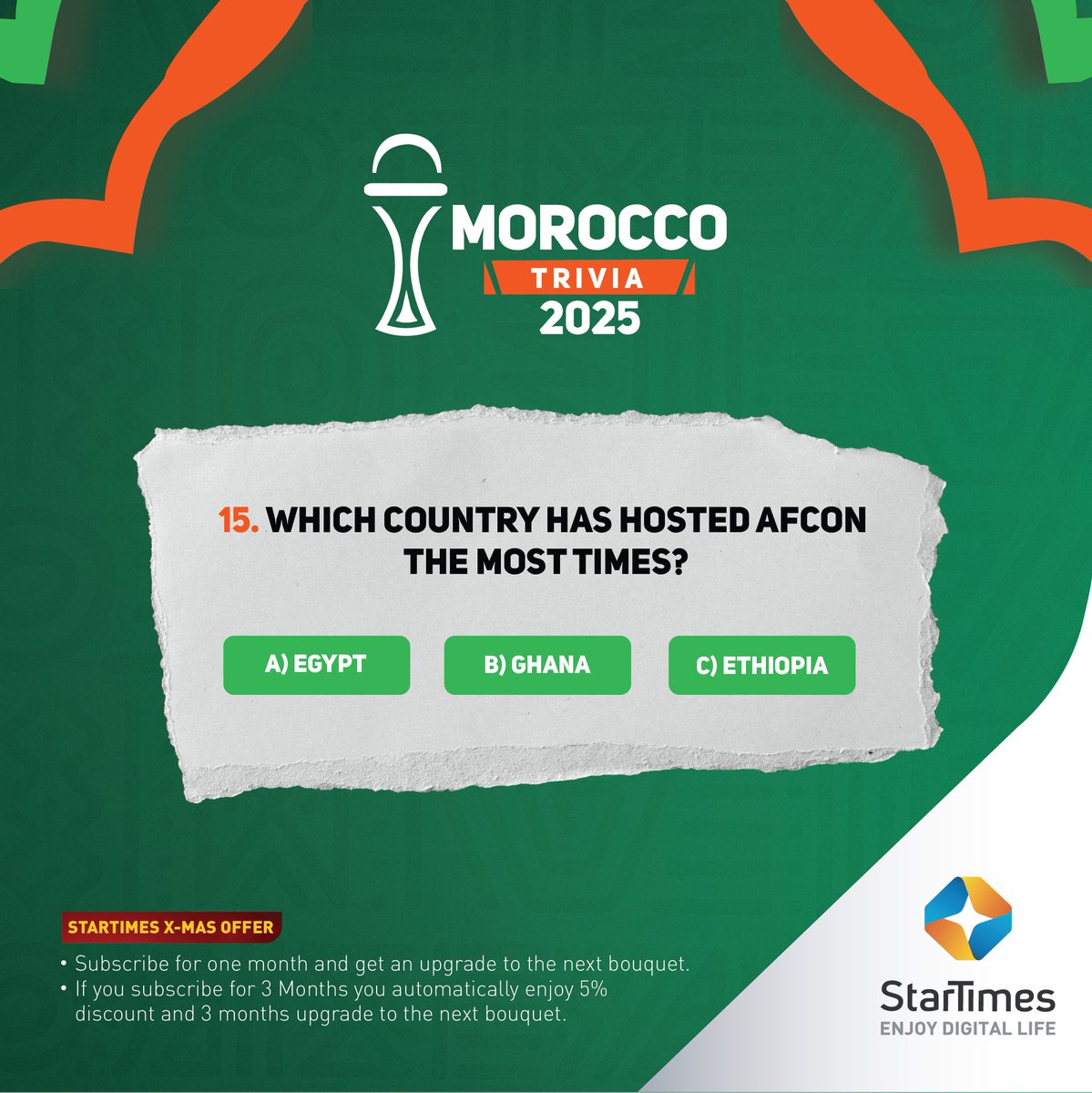 Trivia is ON, and so are the prizes! 🏆
Win a 43inch Brand new Tv with StarTimes inbuilt, Caps, Wristbands, jerseys &amp; so much more!

T&amp;Cs
*Follow Sanyuka_Prime
*Like and share this post
*Tag 3 friends
* Comment with your answer &amp; add #MoroccoTrivia #KickItMorocco25 #UBCAFCON2025