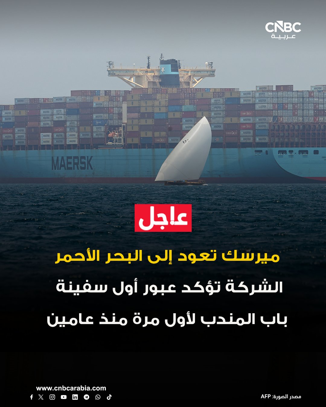 عاجل شركة ميرسك العالمية للشحن أعلنت عبور أول سفينة تابعة لها مضيق باب المندب إلى البحر الأحمر وفي طريقها إلى قناة السويس لأول مرة منذ نحو عامين. الشركة قالت أنه جرى تطبيق أعلى معايير السلامة الممكنة أثناء النقل. وأكدت أنه في حال استمرار استيفاء المتطلبات الأمنية فإنها تدرس المضي قدمًا في نهج تدريجي لاستئناف الملاحة عبر هذا الممر المائي الحيوي، بما يشمل قناة السويس والبحر الأحمر. وكانت الشركة قد حولت مسارات سفنها بعيدًا عن البحر الأحمر في وقت سابق على خلفية تصاعد التوترات الجيوسياسية وتعرض عدد من السفن والناقلات لهجمات 