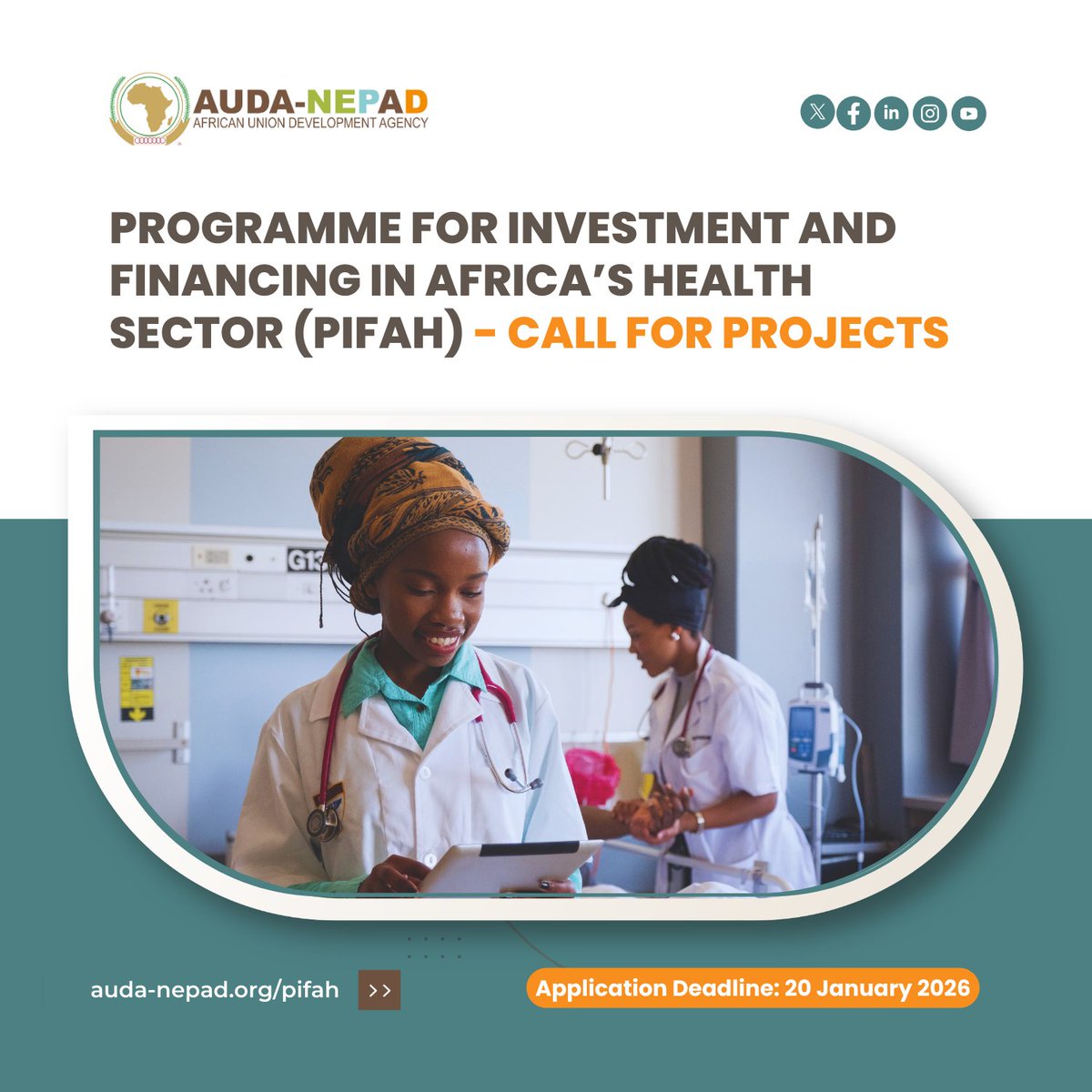 NEPAD_Agency's tweet photo. 📢 𝐂𝐚𝐥𝐥 𝐟𝐨𝐫 𝐇𝐞𝐚𝐥𝐭𝐡 𝐈𝐧𝐯𝐞𝐬𝐭𝐦𝐞𝐧𝐭 𝐏𝐫𝐨𝐣𝐞𝐜𝐭𝐬⁣⁣
⁣⁣
AUDA-NEPAD, through the 𝐏𝐫𝐨𝐠𝐫𝐚𝐦𝐦𝐞 𝐟𝐨𝐫 𝐈𝐧𝐯𝐞𝐬𝐭𝐦𝐞𝐧𝐭 𝐚𝐧𝐝 𝐅𝐢𝐧𝐚𝐧𝐜𝐢𝐧𝐠 𝐢𝐧 𝐀𝐟𝐫𝐢𝐜𝐚’𝐬 𝐇𝐞𝐚𝐥𝐭𝐡 𝐒𝐞𝐜𝐭𝐨𝐫 #PIFAH, has launched the PIFAH Project Portal—an interactive marketplace designed to elevate and showcase Africa’s growing health investment pipeline.⁣⁣
⁣⁣
𝐖𝐡𝐲 𝐬𝐮𝐛𝐦𝐢𝐭 𝐲𝐨𝐮𝐫 𝐩𝐫𝐨𝐣𝐞𝐜𝐭?⁣⁣
Projects featured on the PIFAH Project List gain visibility among a wide network of partners, including development finance institutions, private investors, venture capital firms, philanthropies, and governments. Selected projects may also be prioritised for technical assistance, transaction support, and inclusion in future PIFAH investment deal rooms.⁣⁣
⁣⁣
⏳ Submission deadline: 𝟐𝟎 𝐉𝐚𝐧𝐮𝐚𝐫𝐲 𝟐𝟎𝟐𝟔 | 𝟐𝟑:𝟓𝟗 (𝐒𝐀𝐒𝐓) | 🔗 Submit your project: https://t.co/julBbvF2hV⁣⁣
⁣⁣
Together, we are transforming Africa’s health economy — aligning investment with impact.⁣⁣
⁣⁣
#HealthFinancing #Agenda2063 #InvestingInHealth