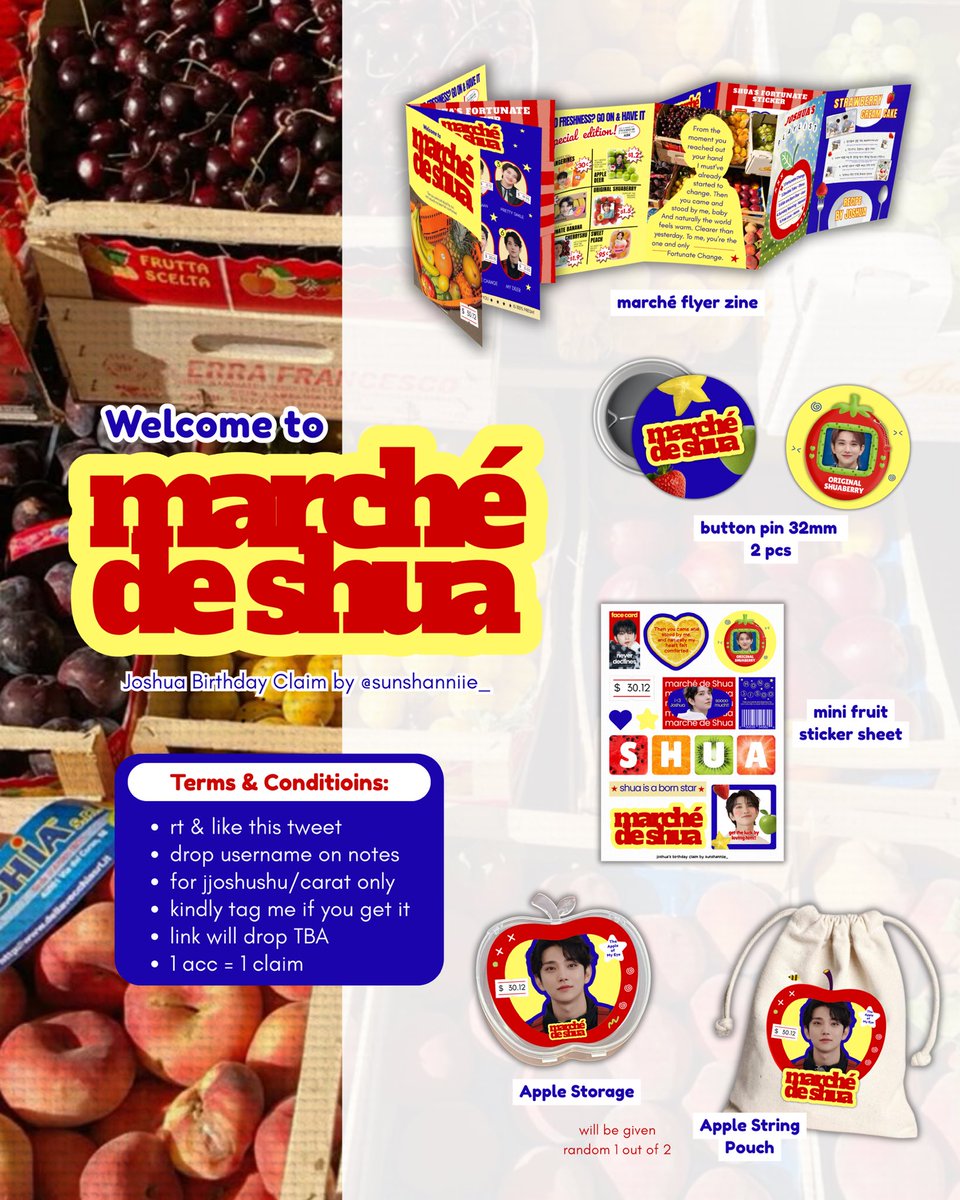 🍎🍰Welcome to Marché de Shua 🛒‼️✨

Joshua Birthday Claim

• rt &amp; like this tweet
• ⁠claim via shopee 30.12 at 20.00 WIB
• ⁠link will drop TBA
• ⁠set as 12.300 (no refund)
• ⁠drop uname on notes
• ⁠for jss and carat only

⁠good luck! kindly tag me if you get it 🍑