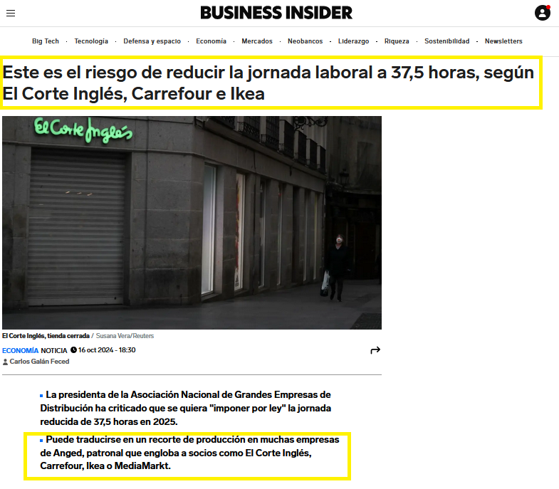 .<a href="/elcorteingles/">El Corte Inglés</a> considera que reducir la jornada de trabajo a sus plantillas es "correr riesgos". 

Actualmente, con el sistema de turnos rotativos, se hacen hasta 56 horas semanales. Esta situación afecta a un colectivo de trabajadorxs de aproximadamente 80.000 personas.