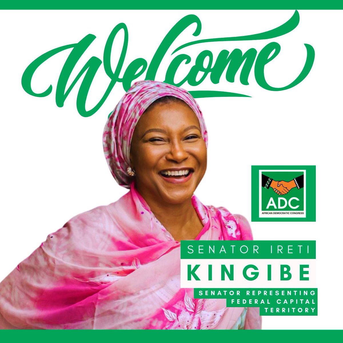 BolajiADC's tweet image. The African Democratic Congress (@ADCNig) warmly welcomes the Senator representing Nigeria’s Federal Capital Territory, Senator @IretiKingibe, to the ADC.

Senator Kingibe’s decision speaks to her courage and integrity at a time when it would have been easier to join the gravy…