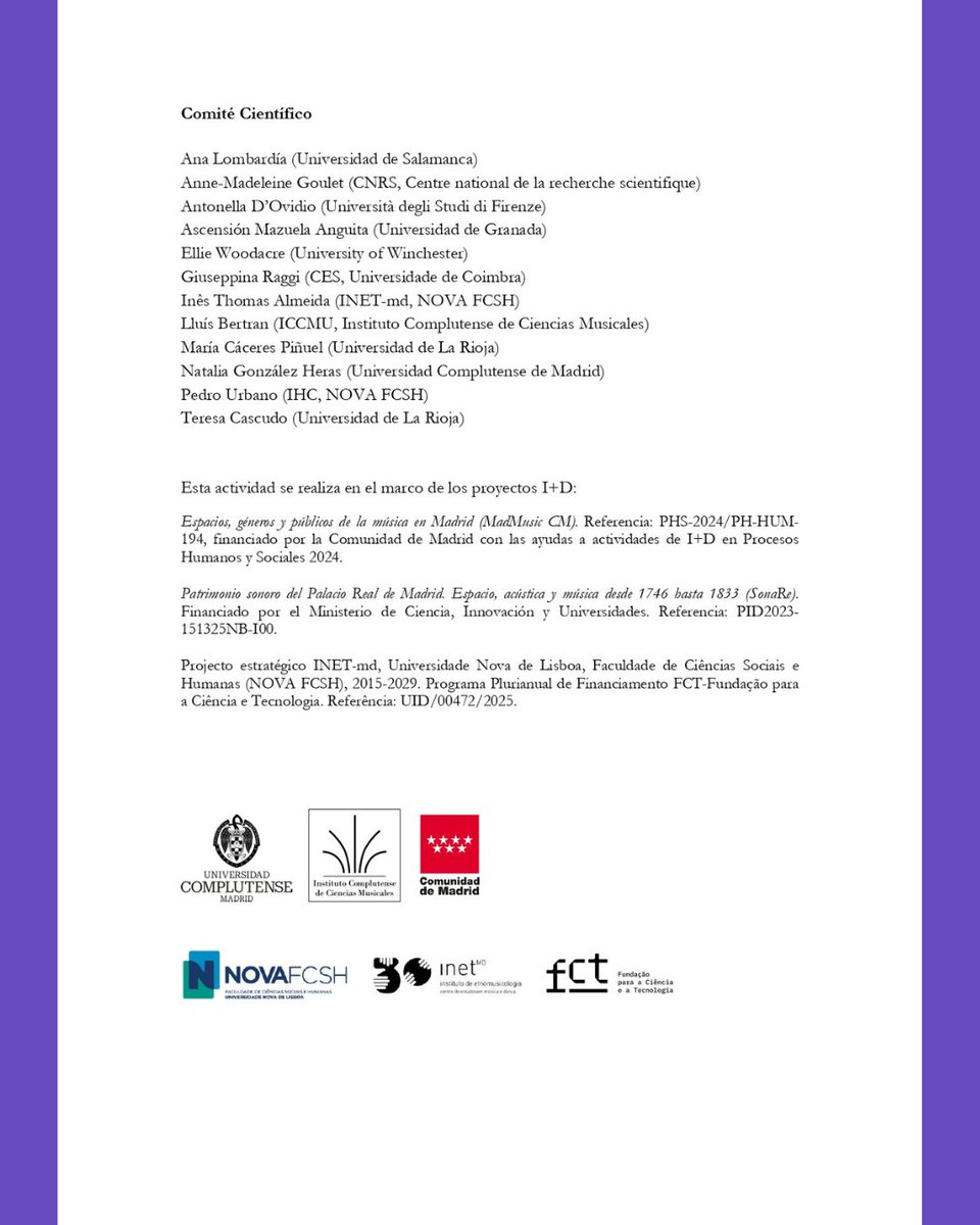 Congreso Internacional : Las mujeres y la música en las Cortes Ibéricas (1600-1900)  

7 y 8 de mayo de 2026  

Plazo límite de envío de propuestas: 15 de enero de 2026