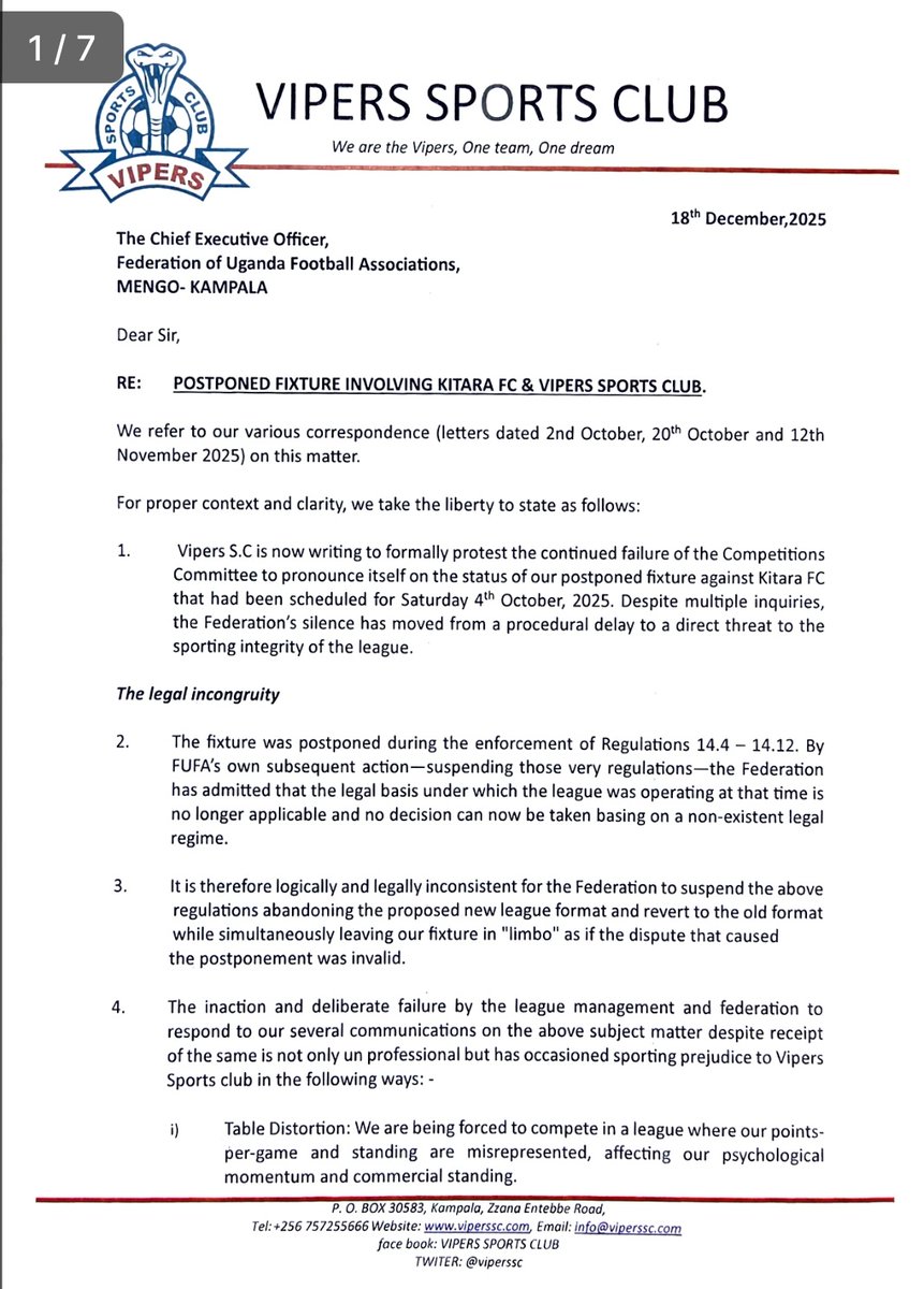VipersSCStories's tweet photo. BREAKING:
Vipers sc has written to Fufa demanding a reschedul of their game against Kitara fc.
No walk over decision will be accepted! #VIPSC #KITFC https://t.co/3wGqCLhM8D