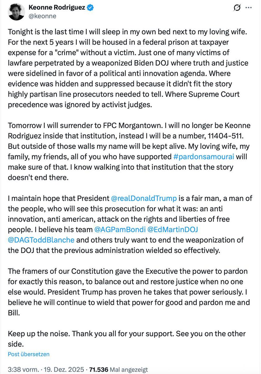 🚨 A PERSON, NOT A CRIME – WHAT IS REALLY HAPPENING HERE 🚨

Keonne Rodriguez, co-founder of the Bitcoin privacy wallet Samourai, announced today that he will be serving five years in a US federal prison.

Not for fraud.
Not for theft.
Not for victimizing anyone.

👉 But for a