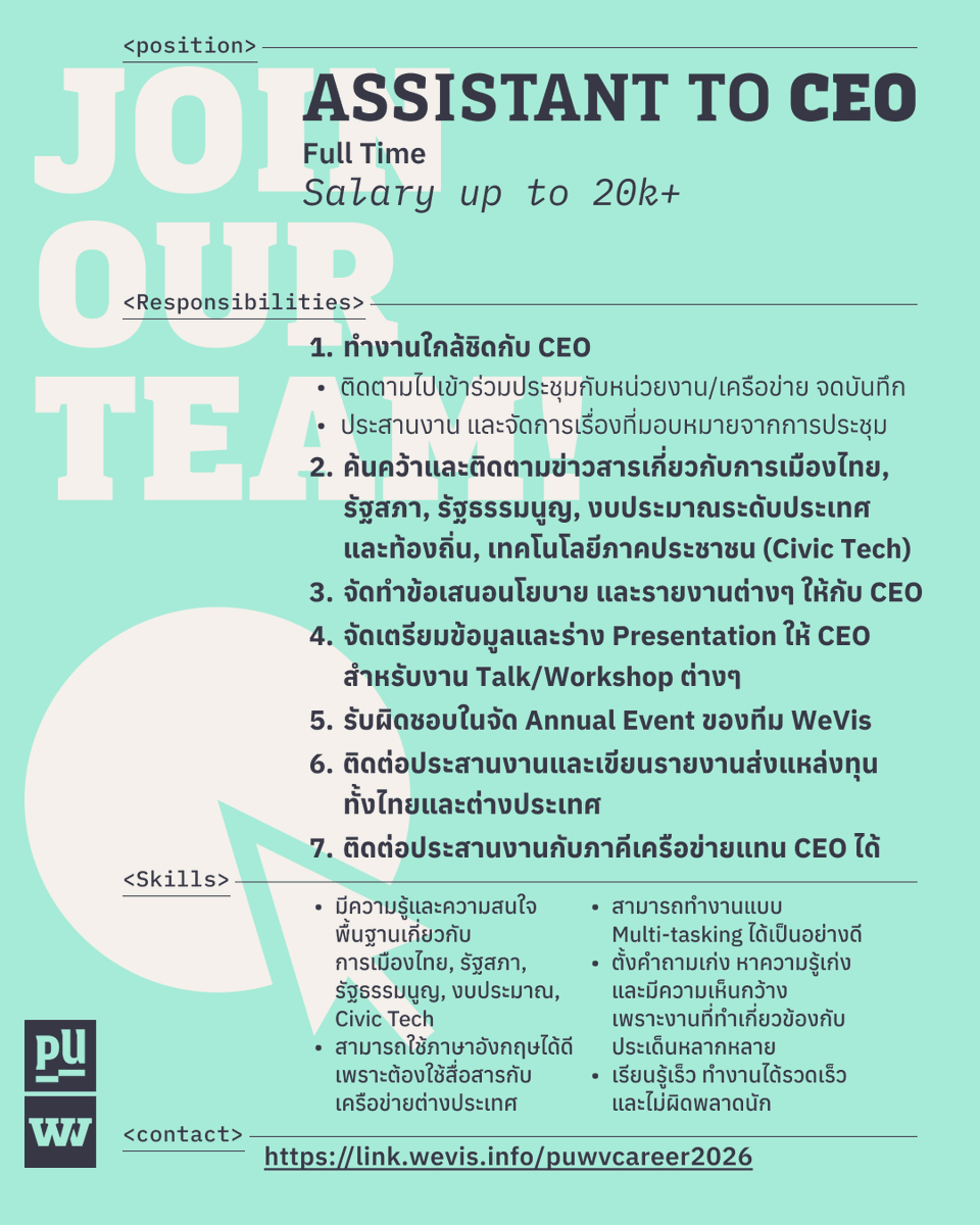wevisdemo's tweet image. @punchupworld  &amp;amp; WeVis รับสมัคร Assistant to CEO 
. 
⭐ ทำงานกับเราจะไม่ได้เป็นเป็นแค่ผู้ช่วย CEO เท่านั้น แต่มีโอกาสได้เข้าร่วมประชุม รวมถึงติดต่อกับหน่วยงานการเมือง และภาครัฐอีกด้วย! 
.
📍ดูรายละเอียดงาน punchup.world/about/career 
✏️ กรอกใบสมัครได้ที่ link.wevis.info/puwvcareer2026