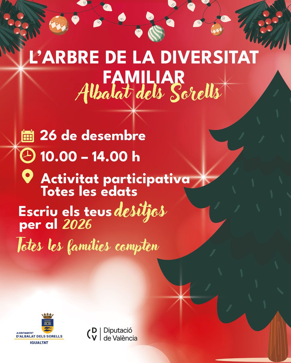 🎄L’ARBRE DE LA DIVERSITAT FAMILIAR🎄
!!REGIDORIA D’IGUALTAT!!

📅 El 26 de desembre, de 10.00 a 14.00 h, Albalat dels Sorells acollirà una activitat participativa , oberta a totes les edats.