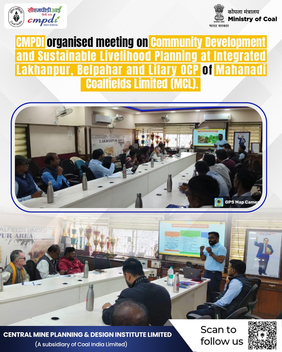 cmpdil's tweet image. CMPDI organised meeting on Community Development and Sustainable Livelihood Planning at Integrated Lakhanpur, Belpahar and Lilary OCP of Mahanadi Coalfields Limited (MCL).

@kishanreddybjp  @satishdubeyy
@CoalMinistry  @CoalIndiaHQ 
#CMPDI #CIL #mcl #communitydevelopment