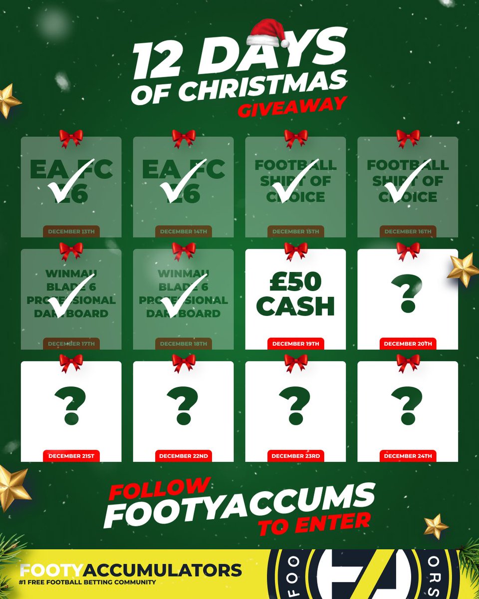 FootyAccums's tweet image. DAY 7 OF OUR 12 DAYS OF GIVEAWAYS! 🚨

WIN £50 CASH! 💰

RETWEET &amp;amp; FOLLOW TO ENTER! ✅

Winner picked TONIGHT @ 10pm - good luck! 🙏
