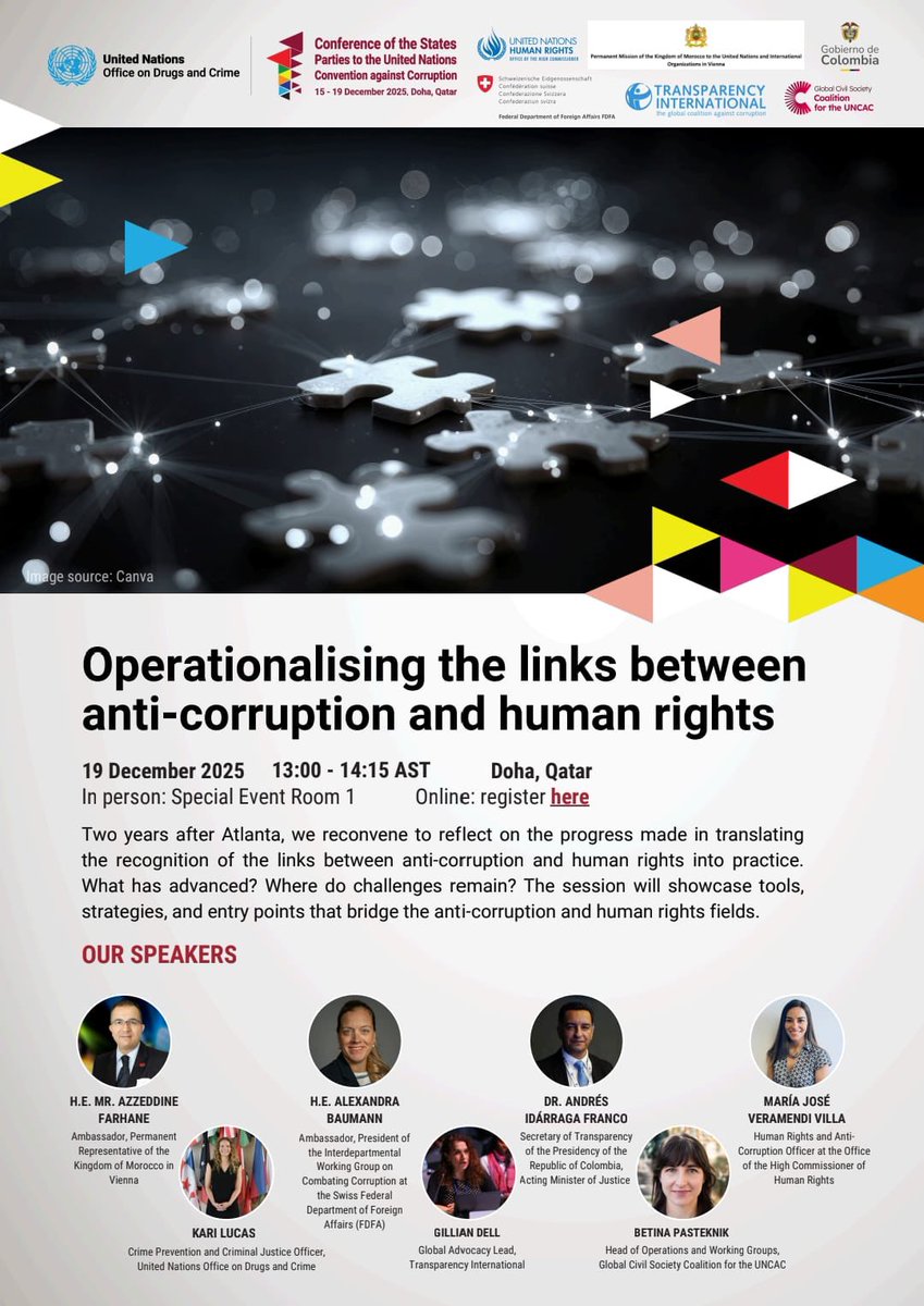 AzzeddineFarha1's tweet image. 📢 Pleased to participate today on the sidelines of #COSP11 in the side event along  @UNODC @UNHumanRights “Operationalising the links between anti-corruption &amp;amp; human rights”, to reflect on progress made on the links between anti-corruption &amp;amp; human rights into concrete action.