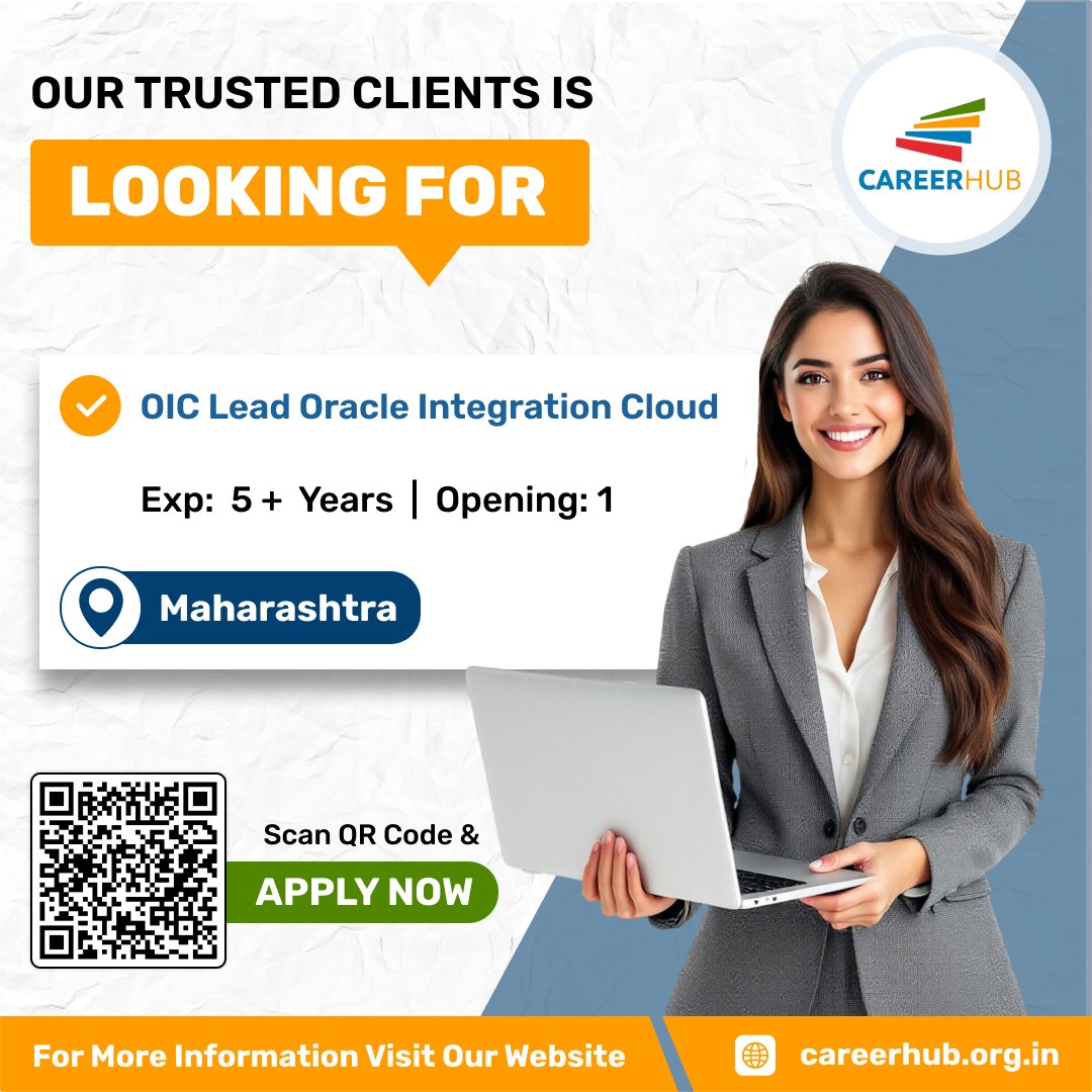 careerhub_iespl's tweet image. 💼 #NowHiring OIC Lead (Oracle Integration Cloud) | Maharashtra
🎓 5+ yrs experience | 🔢 1 Opening
☁️ Lead OIC integrations &amp;amp; enterprise systems
🚀 Senior role | 🤖 AI smart matching
🌐 Apply via QR | careerhub.org.in
#OracleJobs #CareerHub