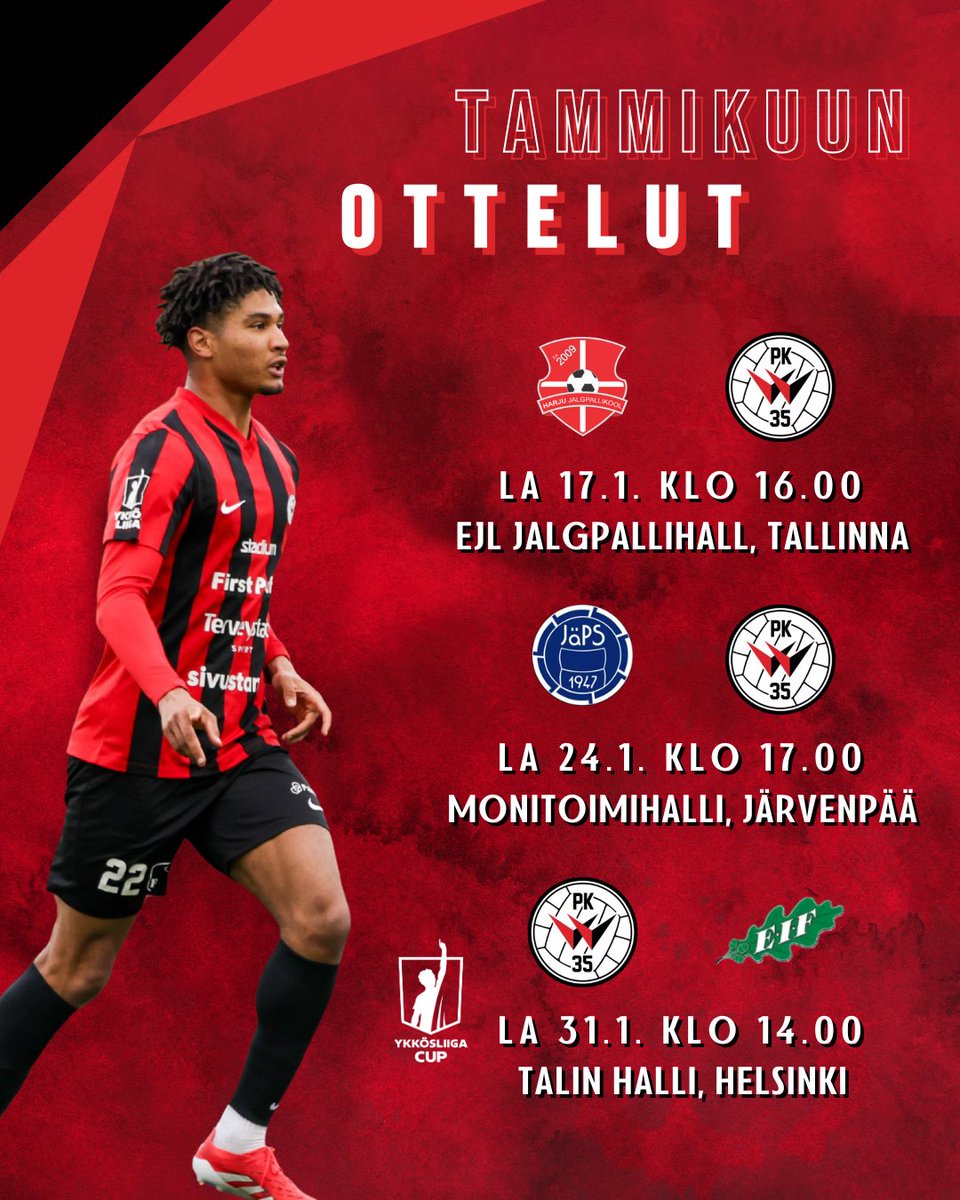 Nyt on hyvä laittaa jo alkuvuoden pelipäivät kalenteriin!

17.1. Harju JK - PK-35
24.1. JäPS - PK-35
31.1. PK-35 - EIF (YL-cup)

➡️ edustus.pk-35.fi/ottelut-ja-lip…

🎟️ Ykkösliigacupin kotipelien sekä Ykkösliigan kausikorttien myynti alkaa ensi vuoden puolella.

#YksiYhteinen #Ykkösliiga