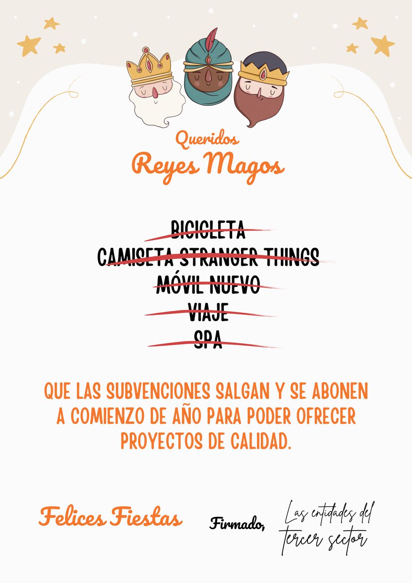 ✨👑 Queridos Reyes Magos… este año solo pedimos algo sencillo:
➡️ Que las subvenciones salgan en tiempo y forma.
➡️ Que los pagos lleguen a comienzos de año.
➡️ Que podamos planificar y ofrecer proyectos de calidad sin incertidumbre.