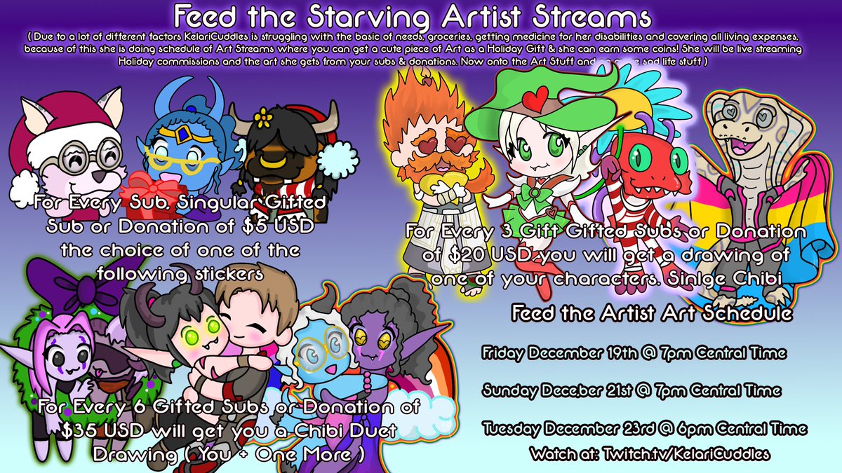 I have three very special art streams planned to help me out with a lot of my issues and score you some discounted art. Each stream will be 5 to 7 Hours depending on how long I can go as a Disabled Artist.