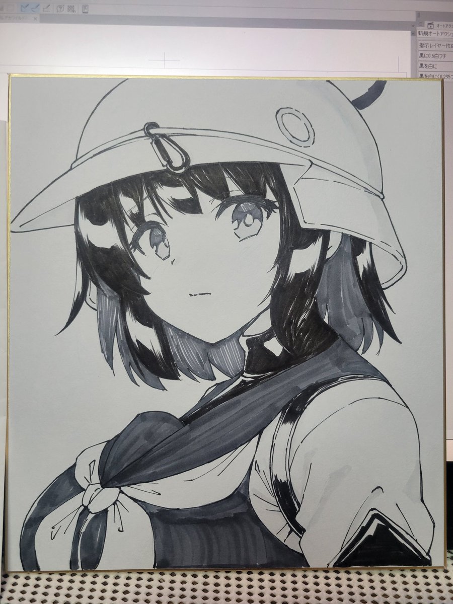 ➂大枠だけペン入れ
➃コピックの、数種類のグレーと筆ペンで塗り分けします 