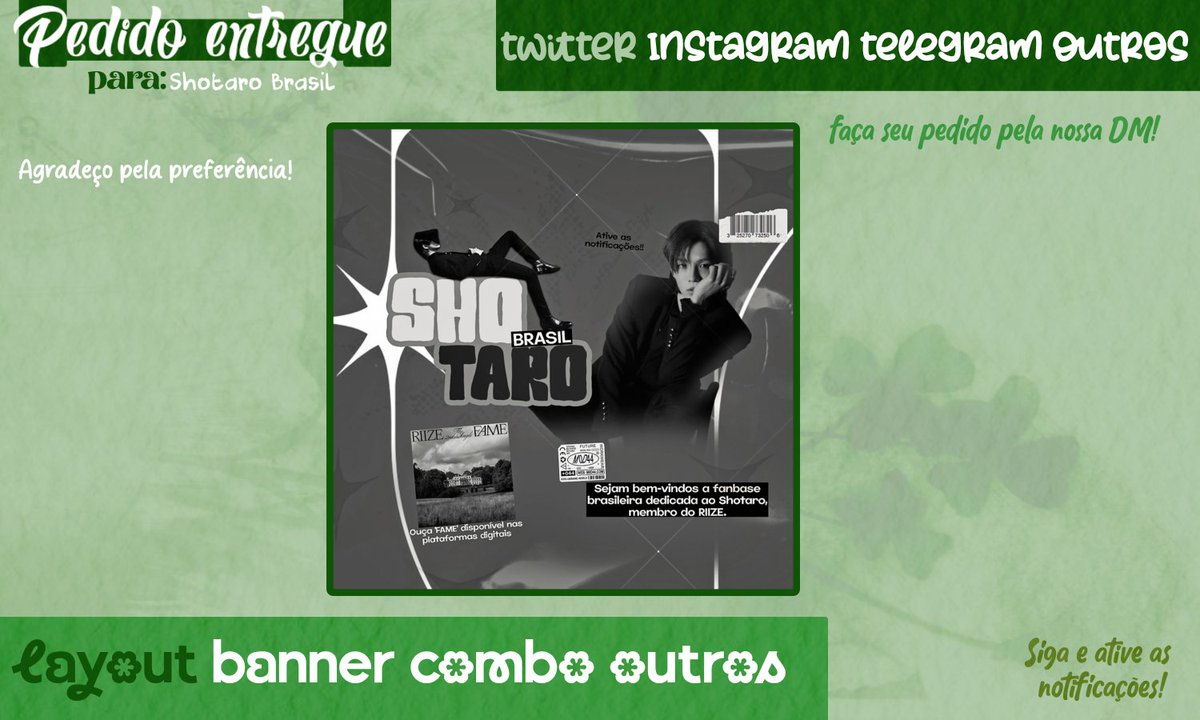 🍀 • Pedido entregue! 

🐸 = Design feito para <a href="/ShotaroBrasil/">Shotaro (no) Brasil 🇧🇷</a>

💚 — Agradeço pela sua confiança no nosso trabalho e que tenha gostado! 🤍

🦚 Curtiu? Venha fazer o seu orçamento na dm, pedidos pagos abertos a qualquer momento!😊