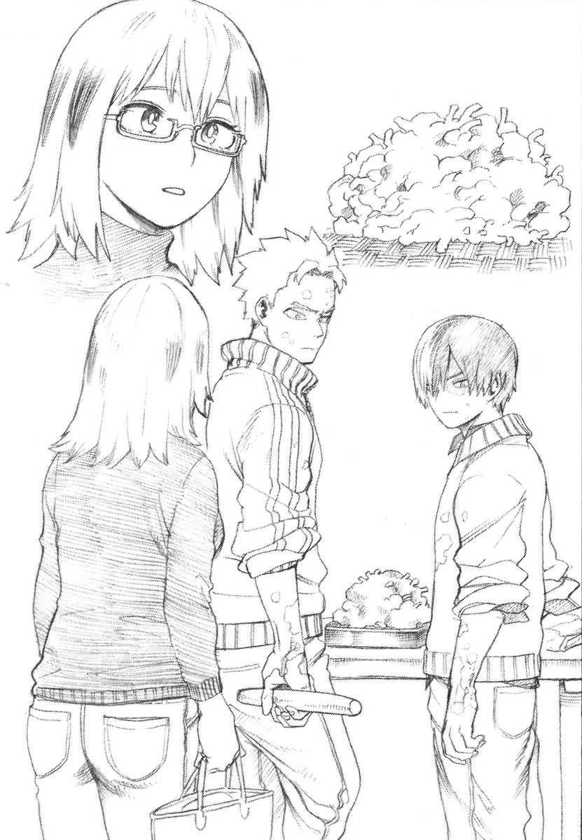 hoshiumisexy's tweet image. shoto and natsuo making soba to fuyumis horror from MHA school briefs volume V (sketch by horikoshi i think)