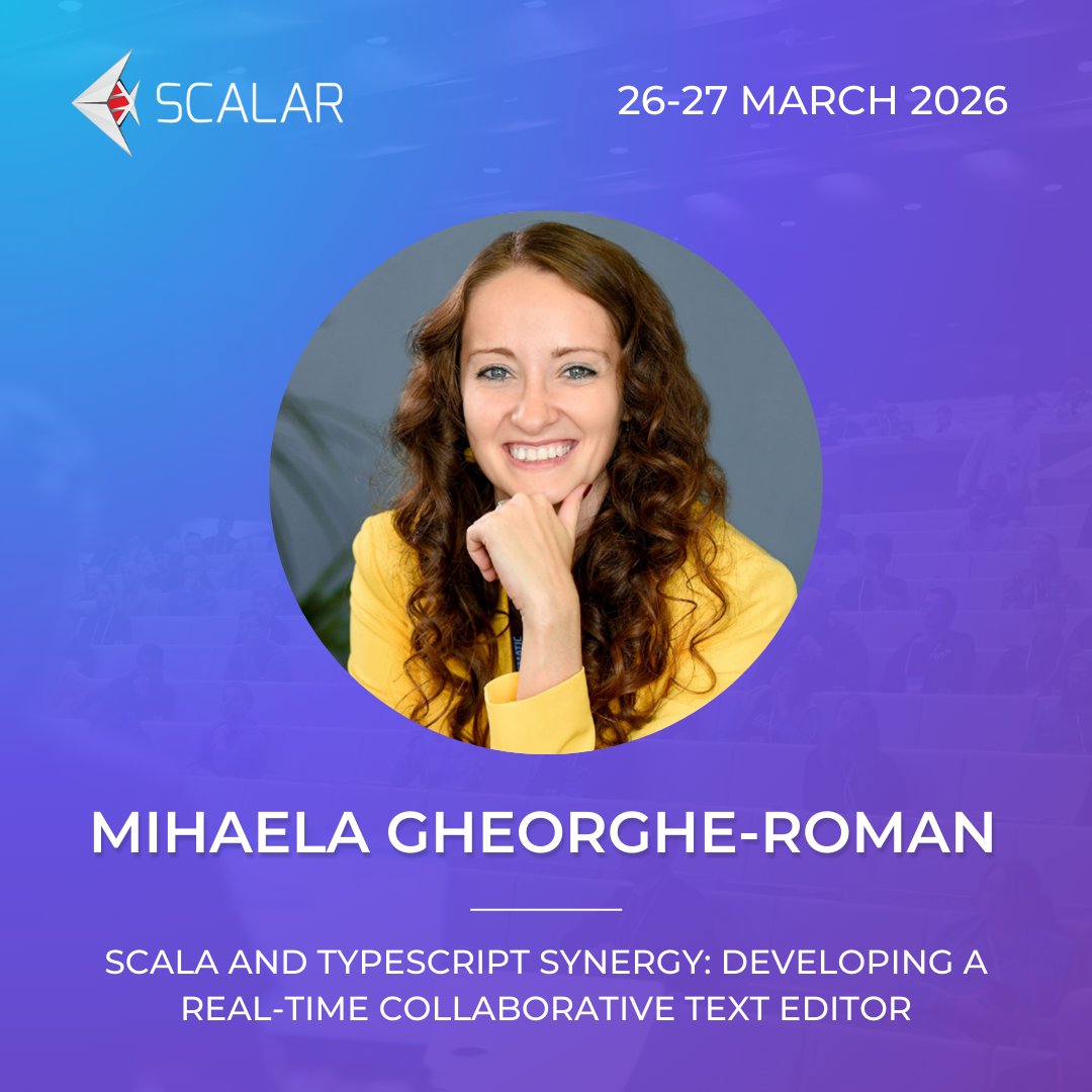 scalarconf's tweet image. Welcome Mihaela Gheorghe-Roman as the #Scalarconf 2026 speaker! 

🎙️ Scala and TypeScript Synergy: Developing a real-time collaborative text editor

🎟️ Grab your ticket here: scalar-conf.com/tickets

#scala #functionalprogramming