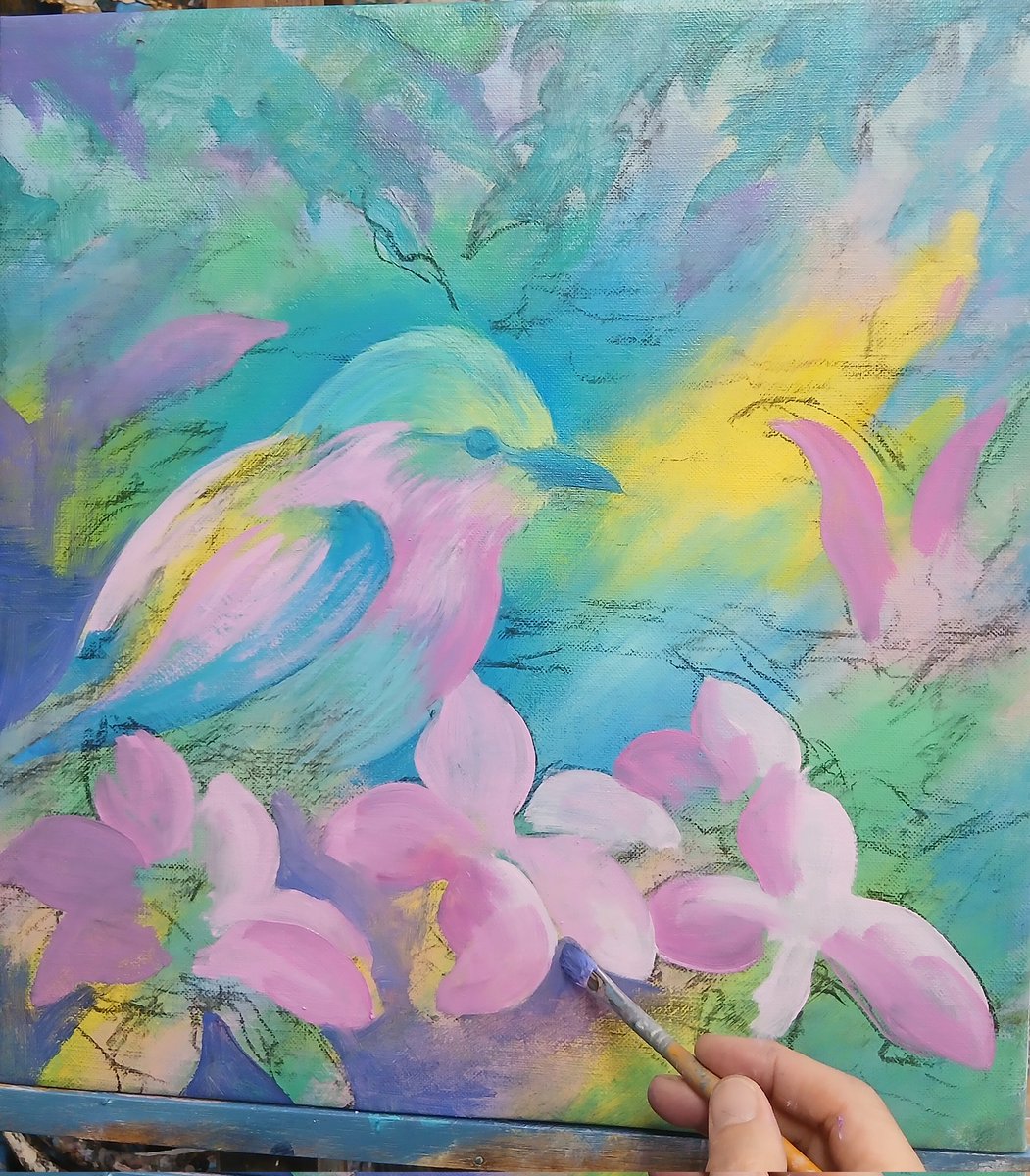 淡い虹色鳥の絵(油絵)進め中… 今日は主役の鳥は描かずに背景の花を描き