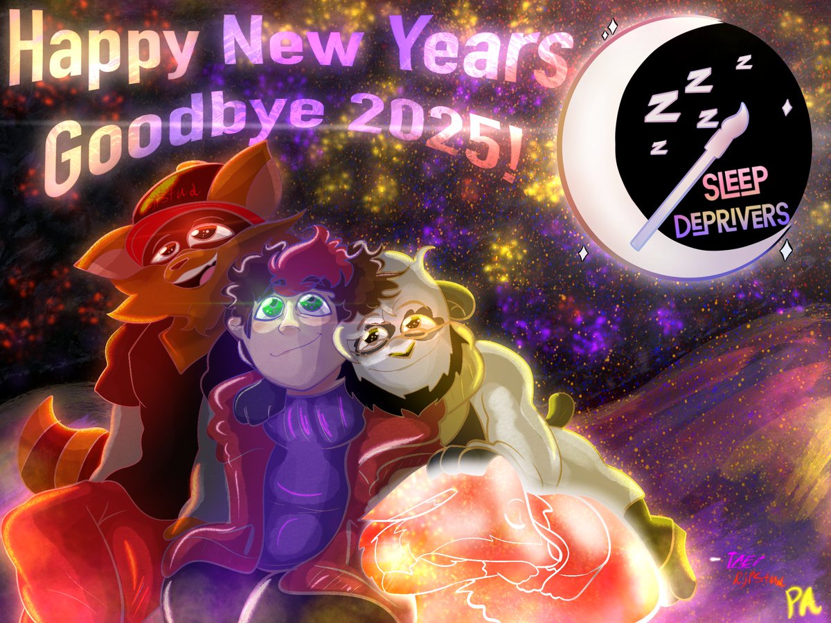 Goodbye 2025! Hello 2026! 🎇

It's been a fun first year...did we sleep at all new years?

Haha...no. ❤️💛💜

FANART CREDIT: <a href="/tae_draws/">Tae Draws/ 🦋BLUESKY: @taedraws.bsky.social🦋</a>