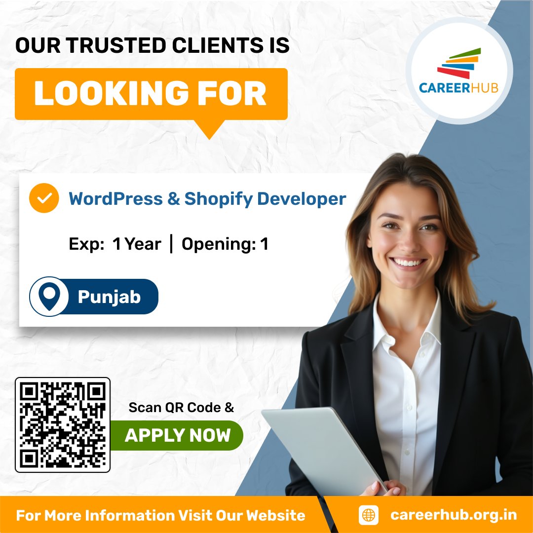careerhub_iespl's tweet image. 💼 #NowHiring WordPress &amp;amp; Shopify Developer | Punjab
🎓 1 yr experience | 🔢 1 Opening
🌐 Build &amp;amp; customize WP &amp;amp; Shopify sites
🛒 eCommerce projects | 🚀 Growth role
🌐 Apply via QR | careerhub.org.in
#WebJobs #CareerHub