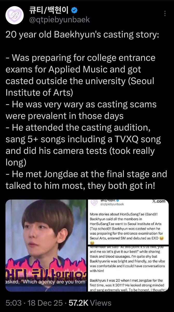 kyoongluvers's tweet image. Baekhyun was preparing for college, got street-casted by SM en, never “rejected” anywhere because he never auditioned elsewhere. Trained for 4 months, debuted as MAIN vocal of the group. Now he’s gone (and took Chen) and those vocal holes  in his group are very loud.