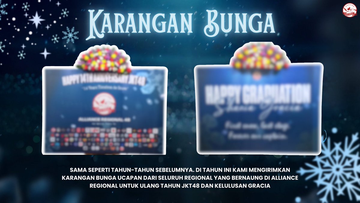 [KARANGAN BUNGA UCAPAN]

Sama seperti tahun-tahun sebelumnya, kami alliance regional beserta semua regional yang bernaung, akan mengirimkan karangan bunga ucapan untuk JKT48 dan Shania Gracia.