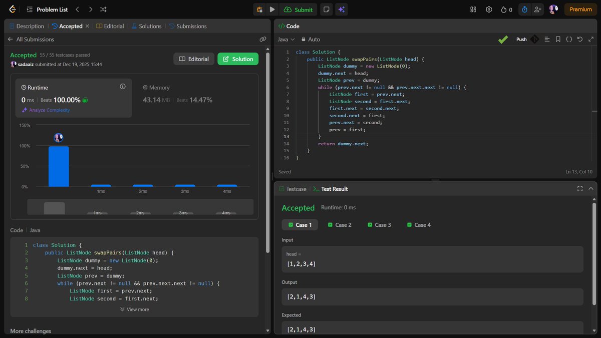 sadaaizaz's tweet image. Day 72: Solved "Swap Nodes in Pairs" today!
Runtime: 0ms
Memory: 43.14MB
#100DaysOfCode #LeetCode #Java