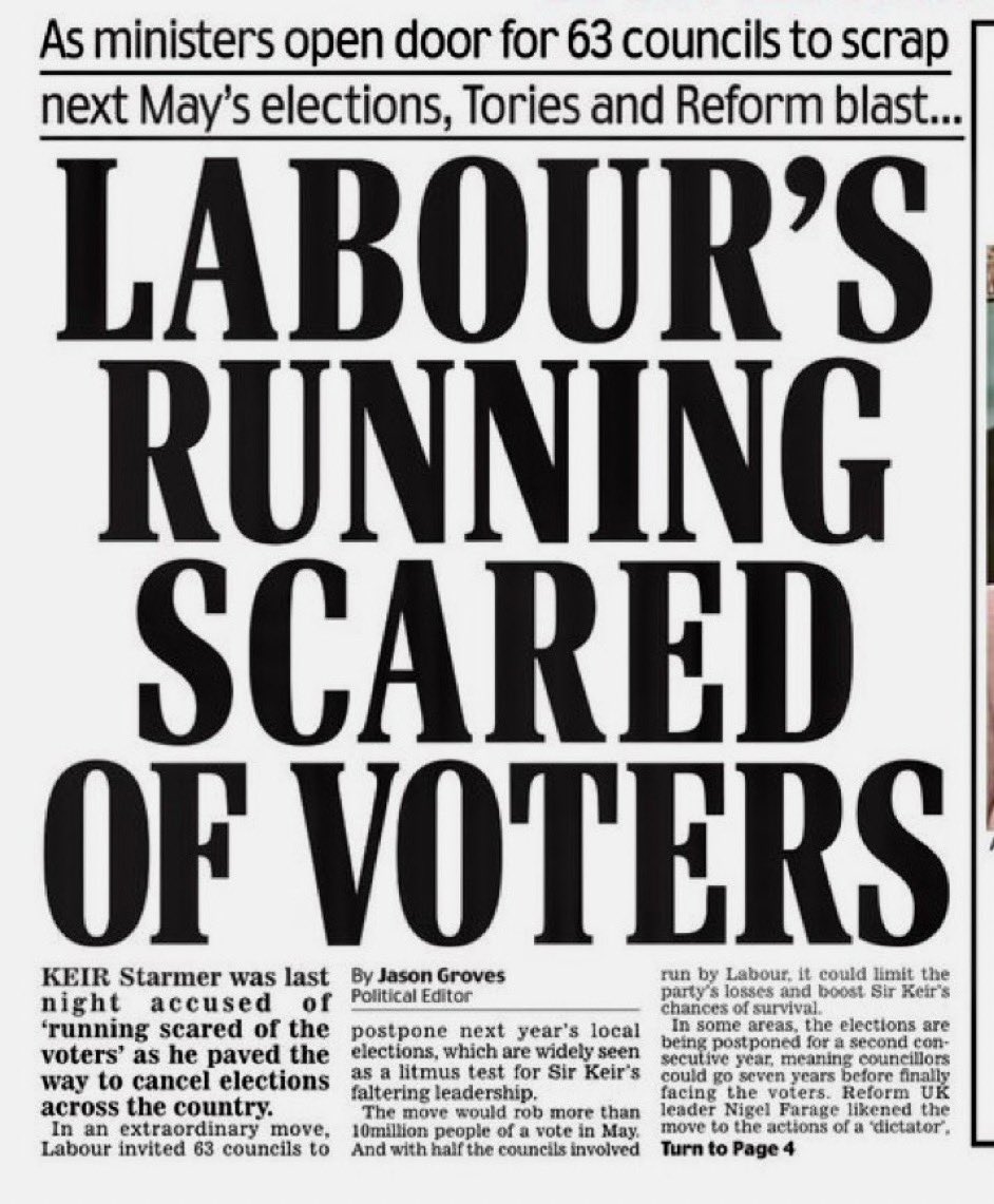 Labour has invited 63 councils to postpone next year's local elections. Keir Starmer is running scared. It’s bloody obvious that Labour will get absolutely trounced in next year’s local elections and now he’s wilfully thwarting democracy to delay the inevitable.