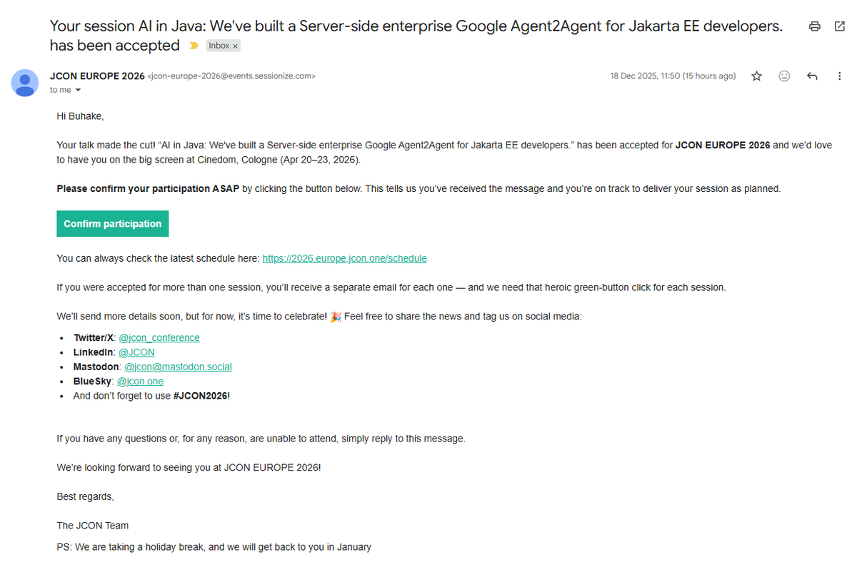 EliteGentleman's tweet photo. My talk on building Google Agent2Agent protocol for @JakartaEE developers has been accepted for @jcon_conference 2026!

See you there!

#Java #JakartaEE #JCON2026 #JCONEurope2026 #AI #GoogleA2A #Agent2Agent #A2A https://t.co/1dNVAjxPmt