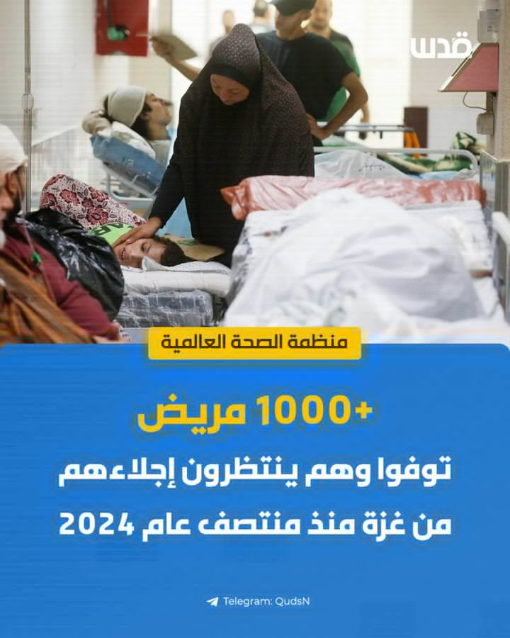 palinfoen's tweet photo. World Health Organization: More than a thousand patients have died while waiting for their evacuation from Gaza since mid-2024

#GazaGenocide
#Aqsaunderattack
#europe #Gaza #Palestine
#Israeliwarcrimes #غزة https://t.co/cgDuw2LVVa