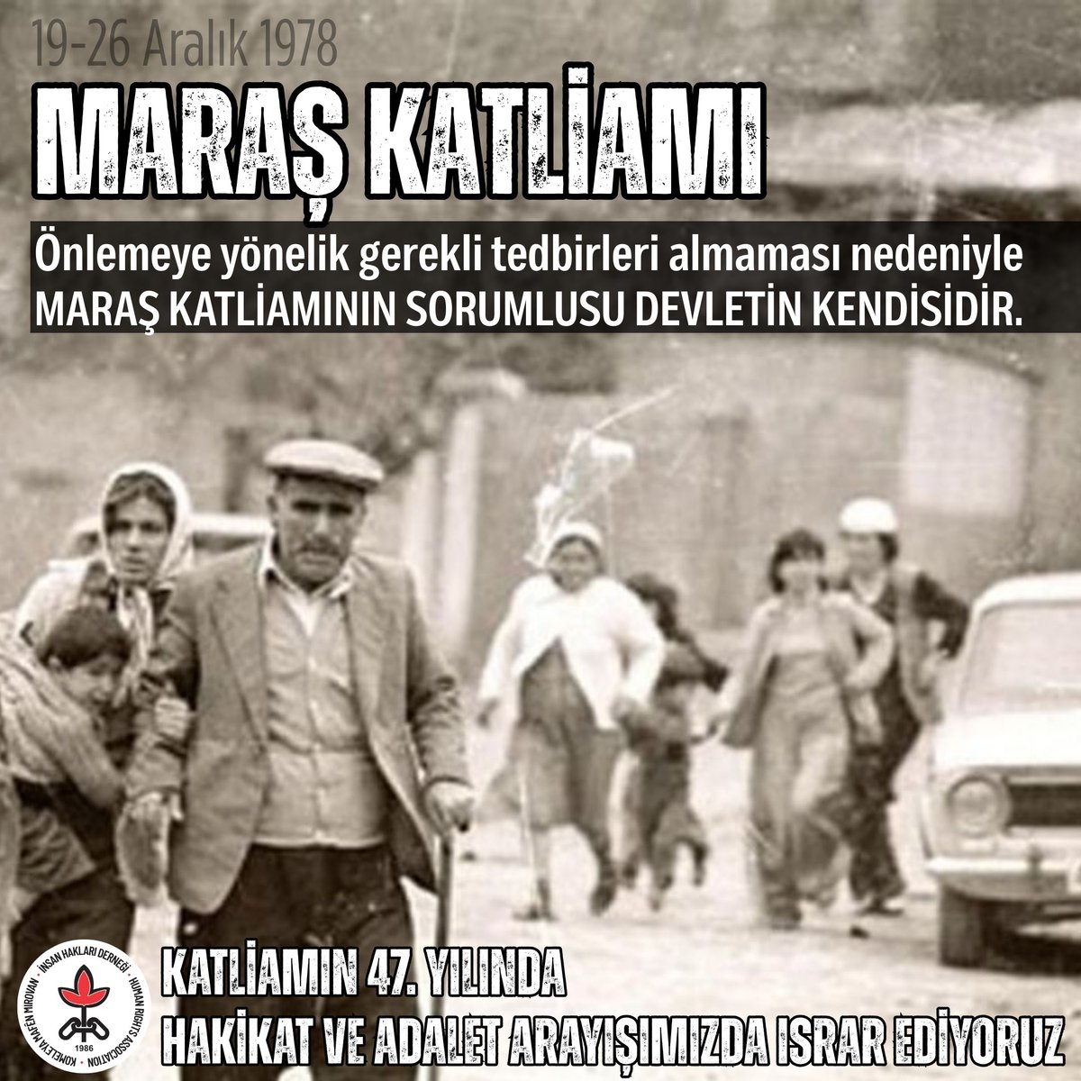 ihdgenelmerkez's tweet photo. Maraş Katliamında Yaşamını Yitirenleri Saygıyla Anıyoruz.

19 Aralık 1978’de başlayıp, 26 Aralık 1978 ‘e kadar devam eden devlet içinde örgütlü yapıların eliyle gerçekleşen Maraş Katliamında 120 kişi vahşi yöntemler kullanılarak öldürüldü, 1000 üzerinde insan yaralandı, 552 ev yakılarak tahrip edildi, 289 işyeri yağmalandı. Katliamın bitmesi ile aynı gün 26 Aralık 1978’de 13 ilde sıkıyönetim ilan edildi.

Bu katliam da tıpkı diğer Alevi katliamları gibi devletin gözetiminde gerçekleşmiş, şehirdeki kolluk kuvvetleri herhangi bir müdahalede bulunmamıştır. 

İnsanlığa karşı işlenen suç kategorisine giren fiillerin gerçekleştirildiği Maraş Katliamında cezasızlık politikası uygulanmıştır. 

Açıklamanın tamamı:

https://t.co/rY1c2xFBGh