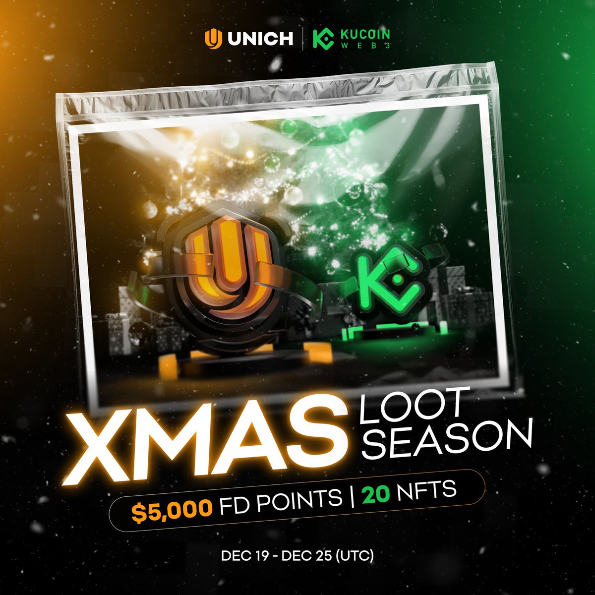 ✨ The holidays are here!

This Christmas, Unich is playing Santa. Together with <a href="/KuCoin_Web3/">KuCoin Web3 Wallet</a>, we’re launching Xmas Loot Season, a Christmas campaign made for our community.

🗓 Dec 19th - Dec 25th (UTC)
🎁 Prize Pool: $5,000 FD Points &amp; 20 Eggward NFTs (FD Points will be shared