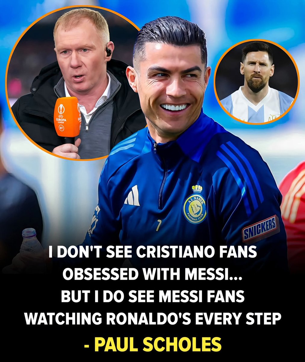 CrRonaldo7Jr's tweet image. 🗣️ Paul Scholes on the Cristiano Ronaldo vs Lionel Messi debate:

“I don’t see Cristiano fans obsessed with Messi…
But I do see Messi fans watching Ronaldo’s every step.”