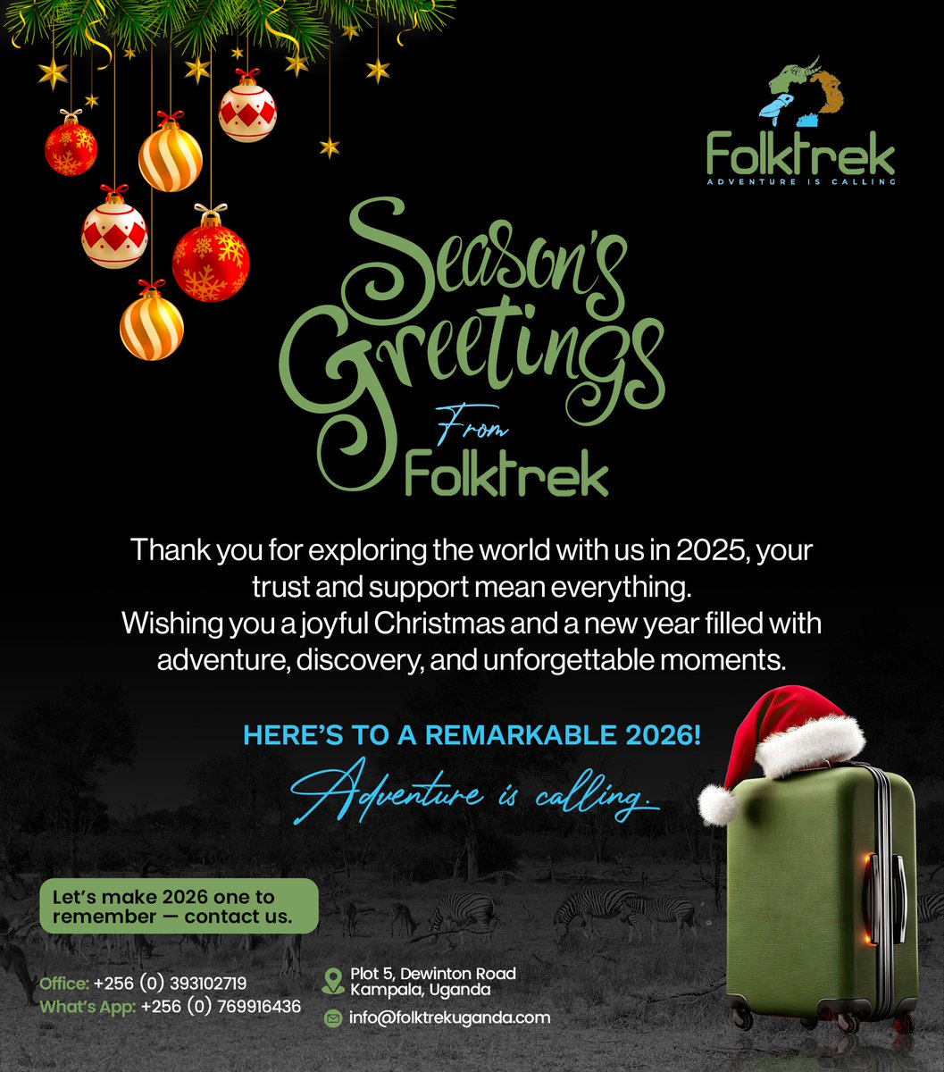 FolkTrekUganda's tweet photo. Season’s Greetings from FolkTrek!
Thank you for exploring the world with us in 2025, your trust and support mean everything.
Wishing you a joyful Christmas and a new year filled with adventure, discovery, and unforgettable moments.
Here’s to a remarkable 2026! https://t.co/apIUQ6Il5g