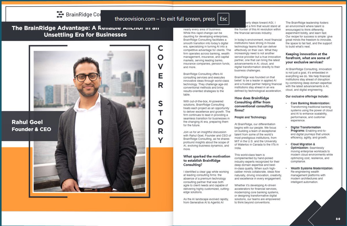 theceovision's tweet photo. 🚀 BrainRidge Consulting named a Leading Companies to Watch 2025 by @theceovision 

Led by Rahul Goel, the firm delivers AI-driven transformation for global financial institutions.

🔗https://t.co/HaZ2rJYFRG

#AI #Innovation #DigitalTransformation #TheCEOVision https://t.co/HK2zX7Jg1h