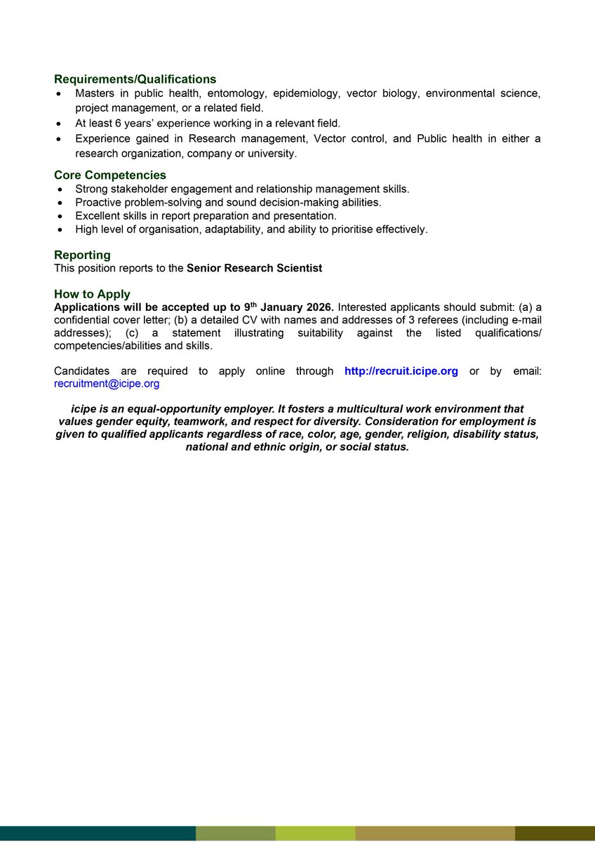 🚨 We’re hiring: Project Manager - icipe SYMBIOVECTOR
🔻 Apply: recruit.icipe.org/description_of…

🦟 Join one of Africa’s most innovative next-generation vector control programmes and help drive real impact in malaria control.

This role sits at the intersection of cutting-edge science,