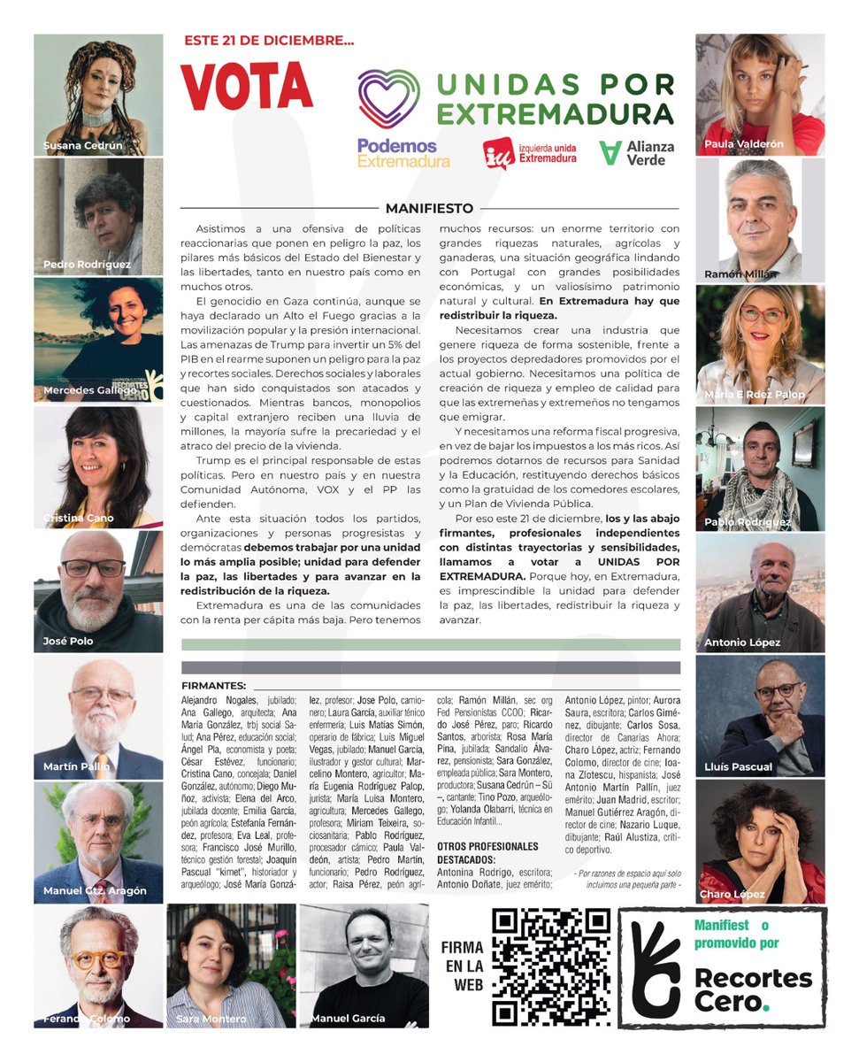 RecortesCero's tweet image. Hoy publicamos en @EPExtremadura
Un manifiesto apoyado por profesionales de la cultura y activistas pidiendo el voto para @Unidasporext

Es el momento de la unidad para defender la paz, los pilares del estado del bienestar y las libertades.

Léelo aquí:
recortescero.es/manifiesto-ext…