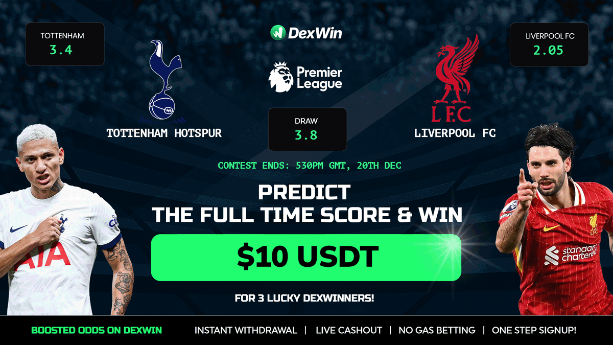 🏆DexWin Predict &amp; Win - #PremierLeague 🏆
🥅 <a href="/SpursOfficial/">Tottenham Hotspur</a> vs <a href="/LFC/">Liverpool FC</a> 🥅

How to Enter: 
✅Follow <a href="/DexWin_Sports/">DexWin Crypto Betting</a>
✅ Like &amp; Retweet
✅ Comment your score prediction + tag 2 friends

‼️One guess only. Multiple = disqualified
⚠️ Entries close at kick-off!
🎉 Three lucky DexWinners