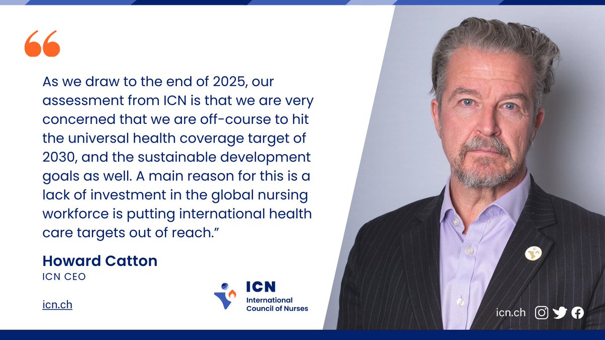 ICNurses's tweet image. In a recent press conference, ICN CEO @HowardCatton shared that the global #UHC targets and UN Sustainable Development Goals for 2030 are “way off-course”.

 ➡️Read the full article from on Howard Catton’s statements concerning the funding crisis threatening global health