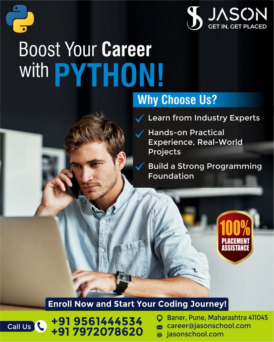 Jasonschoolpune's tweet image. Boost your career with Python 🚀 Learn from industry experts, gain hands-on experience, and work on real-world projects with 100% placement assistance. Enroll now and start your coding journey today! 💻✨

#Python #LearnPython #CodingLife #Programming #TechCareers #Upskill